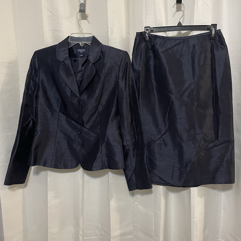 Jones Wear Skirt Suit Navy Sheen Lace Trim Collar Size‎ 6